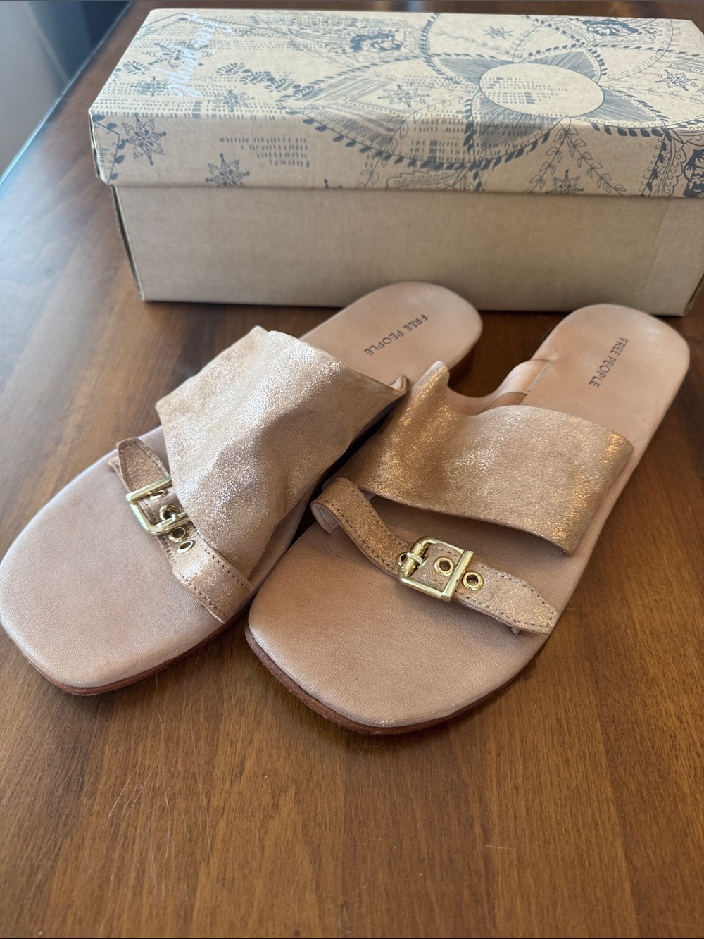 Free People Metallic Rose Slide Sandals with Gold Buckles size 7.5